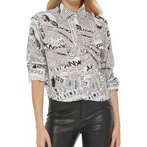 DKNY Jeans Women's Newspaper-Print High-Low Button-Down Shirt / Blouse Size XL